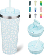 BJPKPK 22oz Tumbler With lid And Straw Stainless Steel Travel Coffee Mug Insulated Tumblers Cups,Light Blue Leopard