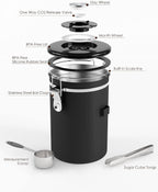 HAIOOU Airtight Coffee Canister, 16OZ Small Stainless Steel Coffee Bean Storage Container with Date Tracker, Measuring Scoop, CO2 Releasing Valves and Mini Tongs for Beans, Grounds and more - Black