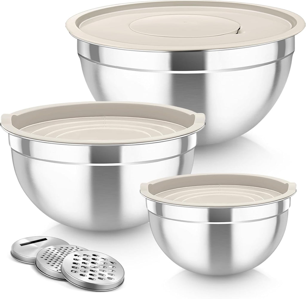 TeamFar Mixing Bowls, Stainless Steel Nesting Salad Bowls with Lids Set of 3 & 3 Grater Attachments, For Mixing/Serving/Storing, Non-toxic & Long-lasting, Size 4.6/3 / 1.5 QT, Khaki