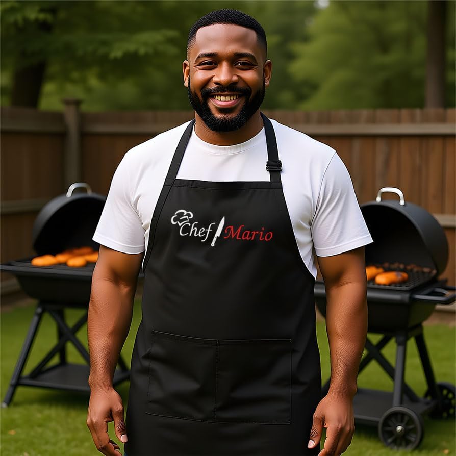 Personalized Chef Apron for Men, Custom Embroidered Design, Professional Kitchen Cooking BBQ Grilling for Dad, Decorated in USA