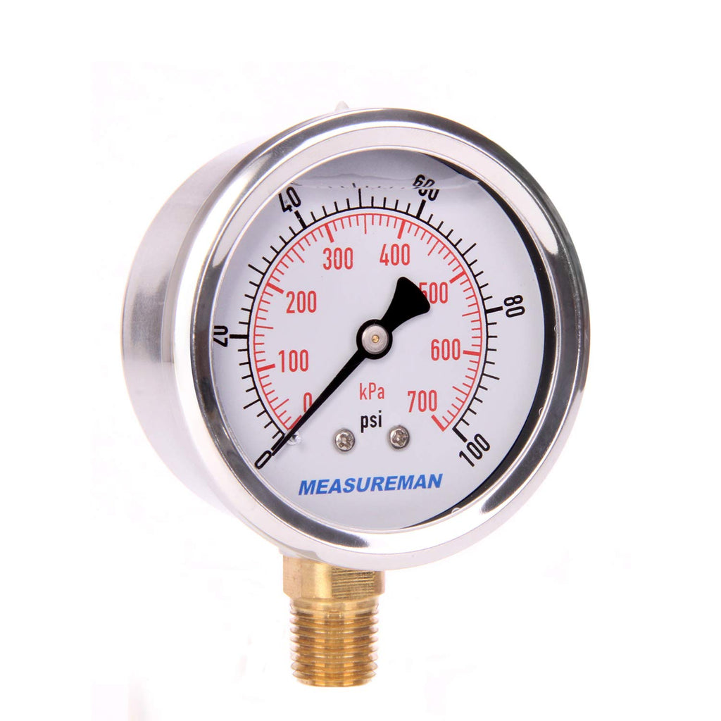 MEASUREMAN 2-1/2" Dial Size, Glycerin Filled Pressure Gauge, 0-100psi/kpa, 304 Stainless Steel Case, 1/4" NPT Lower Mount