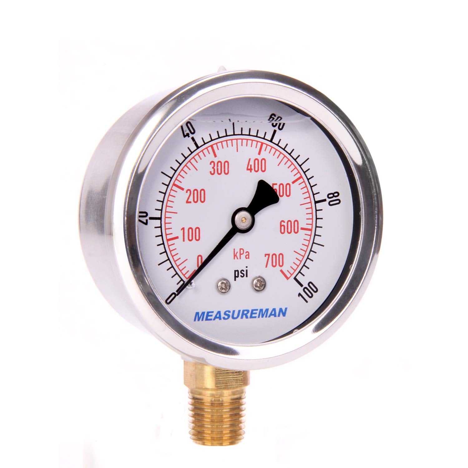 MEASUREMAN 2-1/2" Dial Size, Glycerin Filled Pressure Gauge, 0-100psi/kpa, 304 Stainless Steel Case, 1/4" NPT Lower Mount