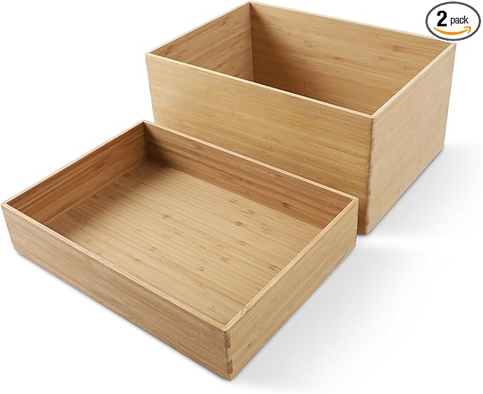 2-Piece Large Bamboo Storage Box Set, 7.1 in High Stackable Deep-Drawer Organizer for Kitchen Cutlery, Utensils & Knives, Lidless Wooden Bin for Homes & Offices (14.6"x10.2"x7.1"+14.6"x10.2"x3.1")