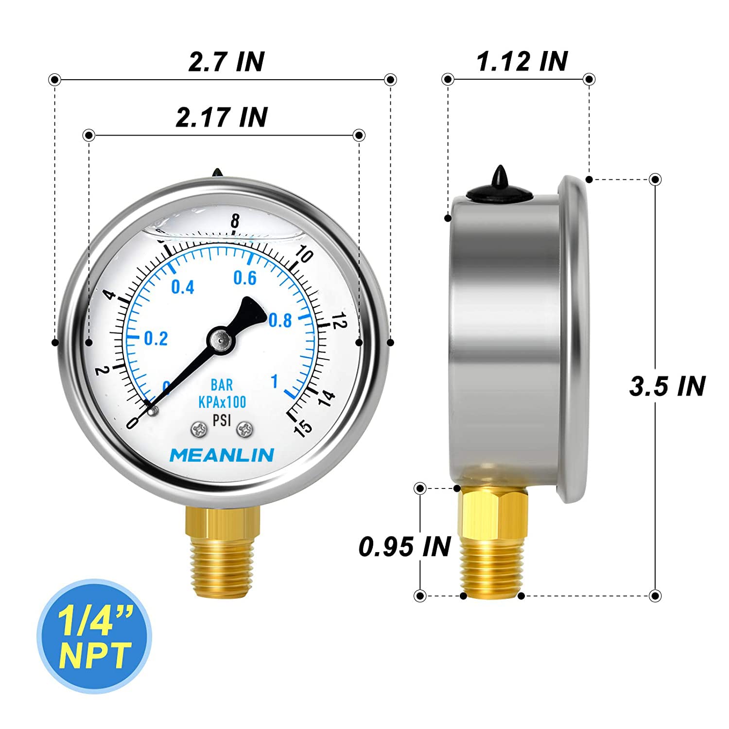 MEANLIN MEASURE 0~15Psi Stainless Steel 1/4" NPT 2.5" FACE DIAL Liquid Filled Pressure Gauge WOG Water Oil Lower Mount, with 1/4" x 1/2" NPT and 1/4" x 3/8" NPT Hex Bushing