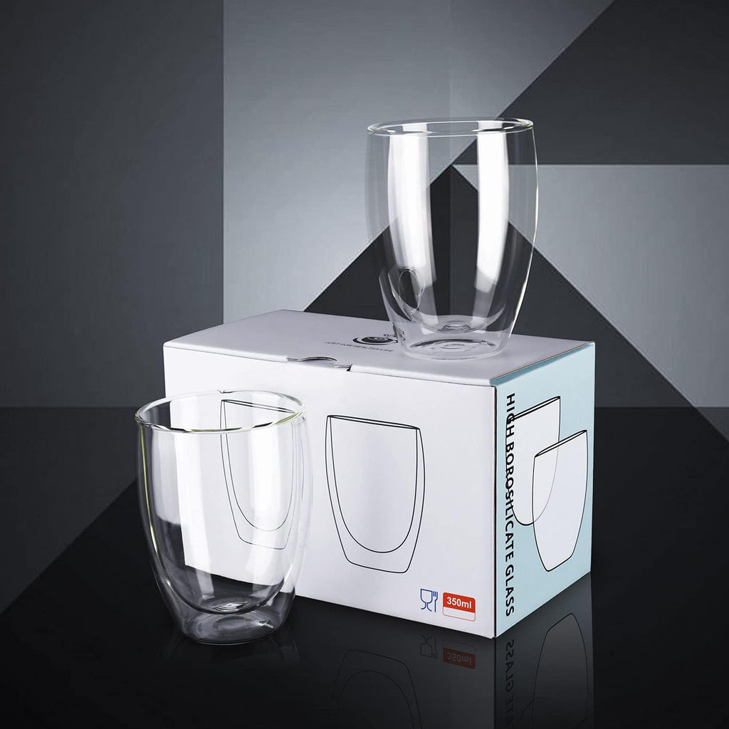 Glass Coffee Mugs Set of 2, Double Walled Clear Coffee Cups 12oz, Clear Latte Espresso Mugs for Milk Juice, Clear Glass Cappuccino Cup Glassware Gift for Christmas Birthday