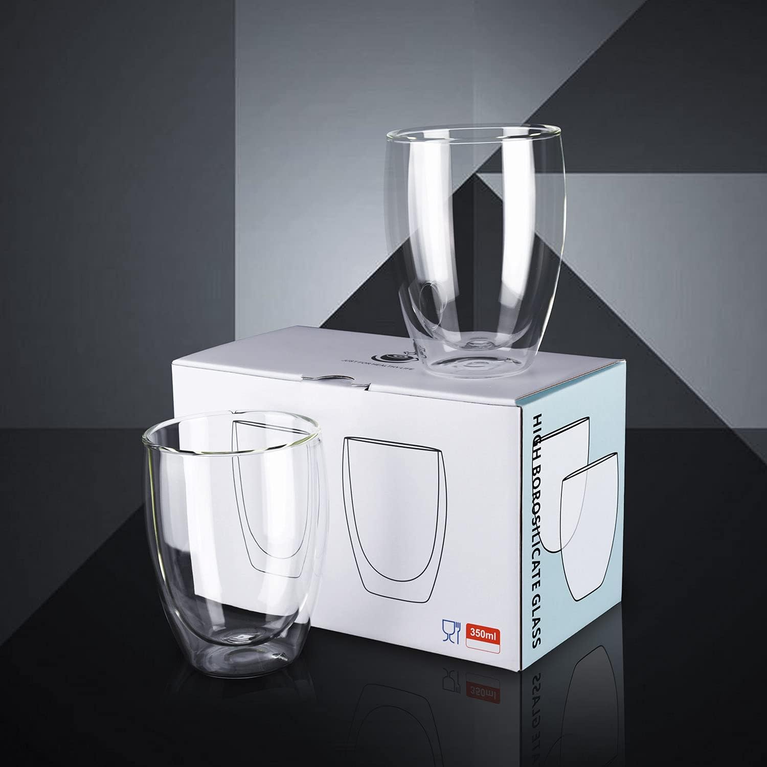 Glass Coffee Mugs Set of 2, Double Walled Clear Coffee Cups 12oz, Clear Latte Espresso Mugs for Milk Juice, Clear Glass Cappuccino Cup Glassware Gift for Christmas Birthday