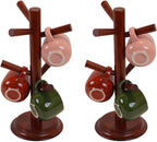 Pack 2 Mug Tree 6 Hooks Rubberwood 13.5"x7"x7", Strudy & Thick Base, Large & Small Cup Holder Tree Wooden for Jewelry, Kitchen Tools, Pantry, Ornaments, Countertop, Table Organizer (Brown)