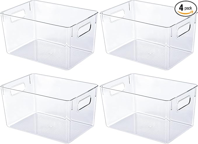 JollyPack 4 Pack Clear Plastic Storage Bins, Pantry Organizers and Storage with Handles, Clear Storage Containers for Fridge, Kitchen, Cabinet, Bathroom and Office