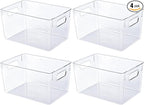 JollyPack 4 Pack Clear Plastic Storage Bins, Pantry Organizers and Storage with Handles, Clear Storage Containers for Fridge, Kitchen, Cabinet, Bathroom and Office
