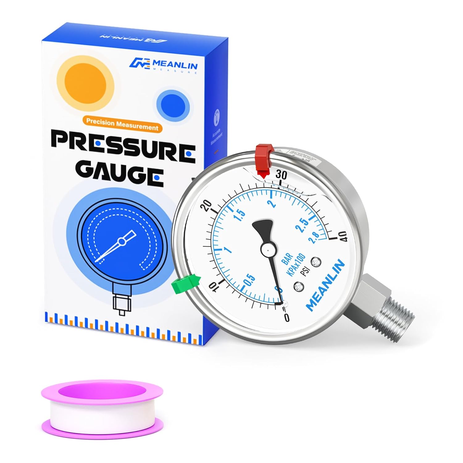 MEANLIN MEASURE 0~40Psi Liquid Filled Pressure Gauge Stainless Steel 2.5" FACE DIAL 1/4" NPT 316 Stainless Steel Joint for Pool Sand Filter Water Oil Air Pressure Test Lower Mount, with 2PCS Snaps