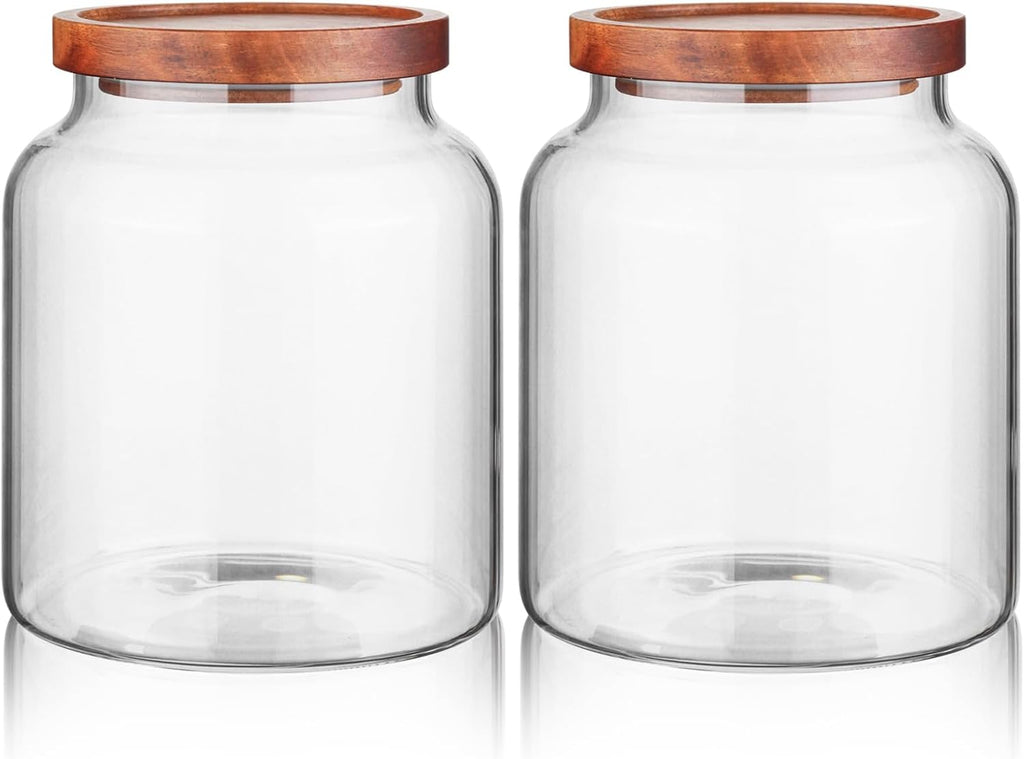Labina Glass Storage Container Airtight Food Jars Kitchen Canister with Wood Lids, 60 Oz Wide Mouth Pantry Organization Glass Jar for Flour, Sugar, Cookie, Spagetti, Nuts and Candy (2 Pack)