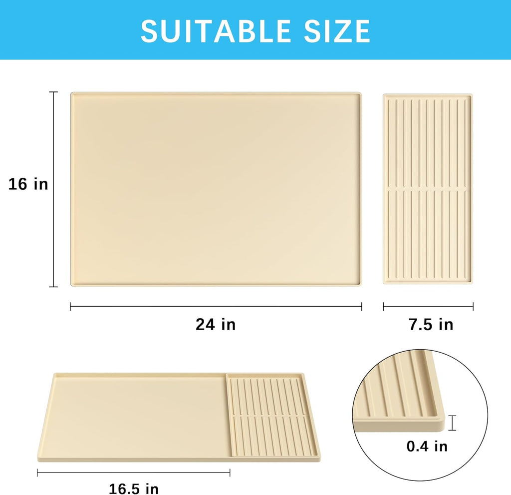 Golener Silicone Coffee Mat Set - 24" x 16" Coffee Bar Mat for Countertop, Kitchen Station Pad Accessories Fit Under Cafe Maker Espresso Machine, Dish Drying Mat, Heat Resistant Kitchen Pad, Beige