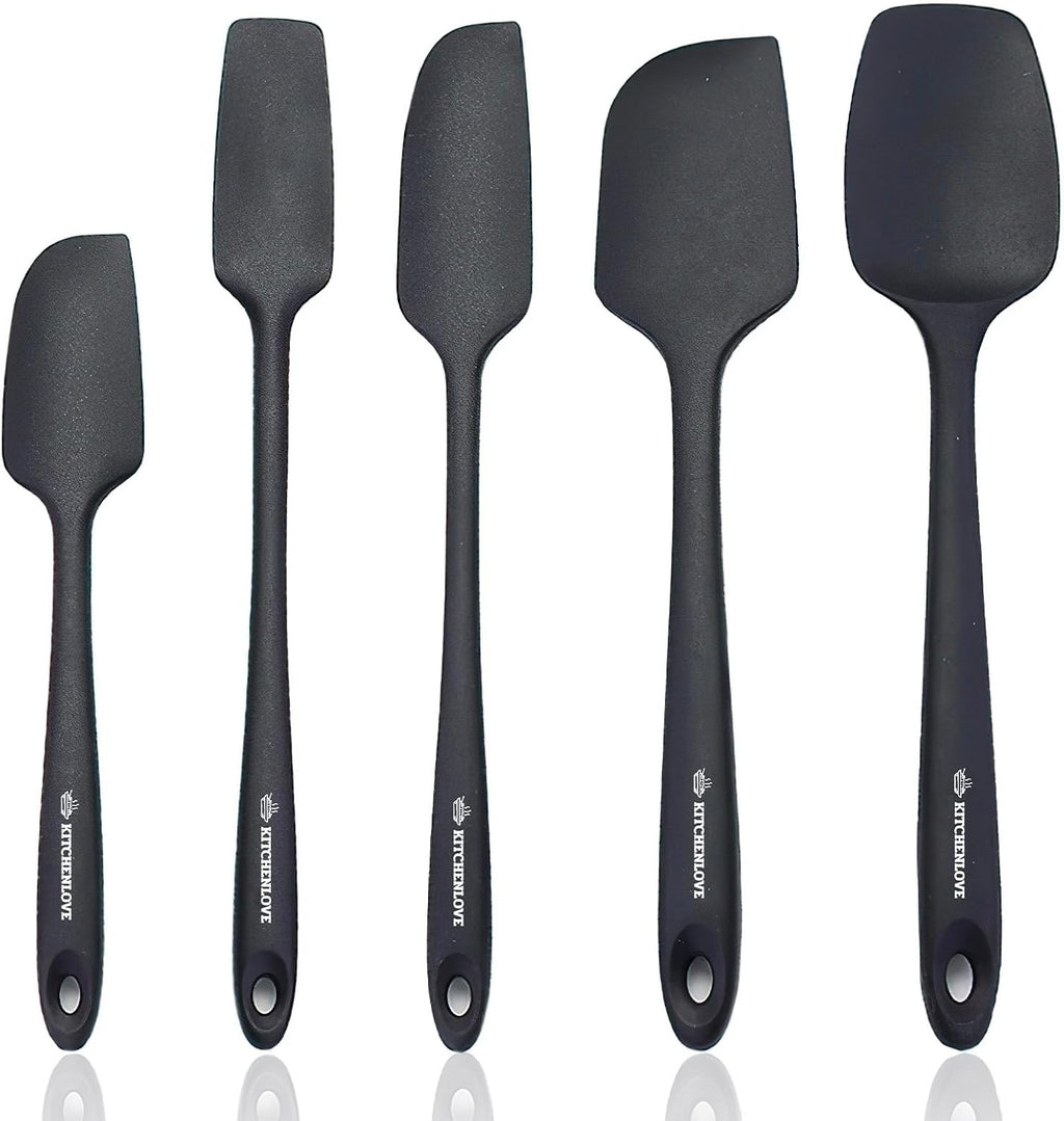 KITCHENLOVE Premium 600°F Heat Resistant 5 Piece Silicone Spatula Set for Baking, Cooking, Mixing - Non-Stick with High Grade S-Iron Steel Core - One Piece Seamless Design - BPA Free (Black)