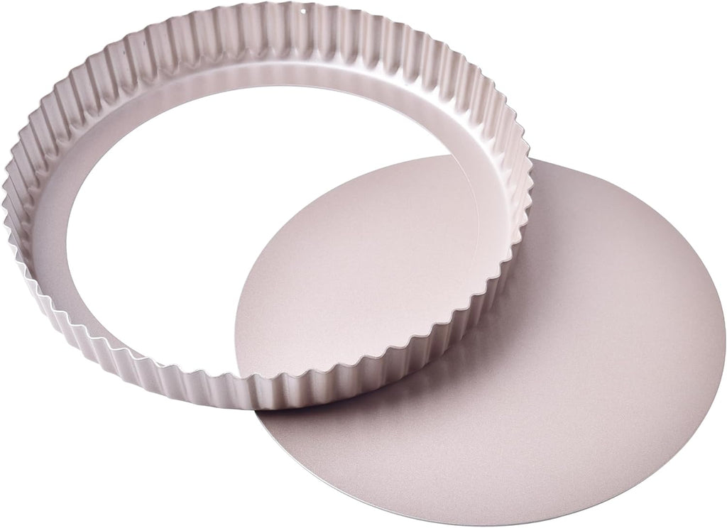 11-Inch Round Tart Pan with Loose Removable Bottom, Non-Stick Carbon Steel Quiche Pan for Oven Baking (Champagne Gold)