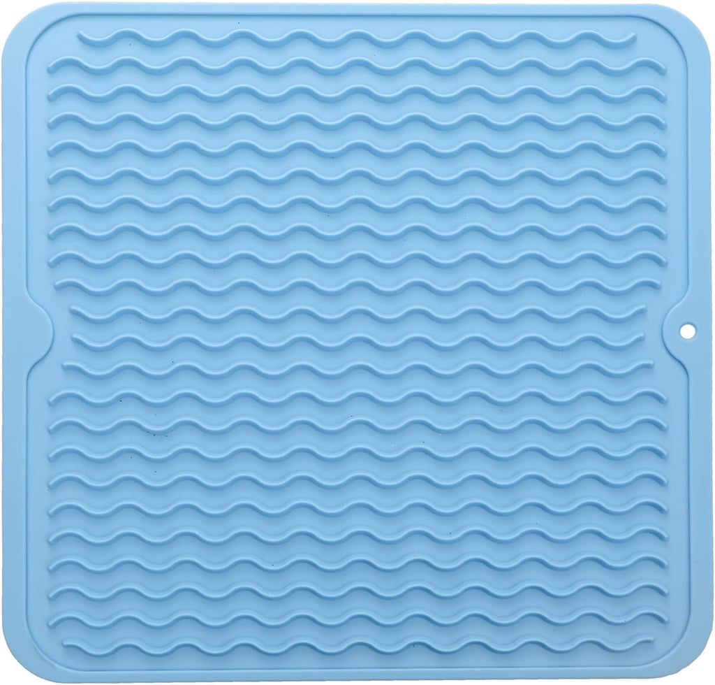 Silicone Dish Drying Mat for Multiple Usage,Easy clean,Eco-friendly,Heat-resistant Silicone Mat for Kitchen Counter or Sink,Refrigerator or Drawer liner Light Blue M 12 inches x 12 inches