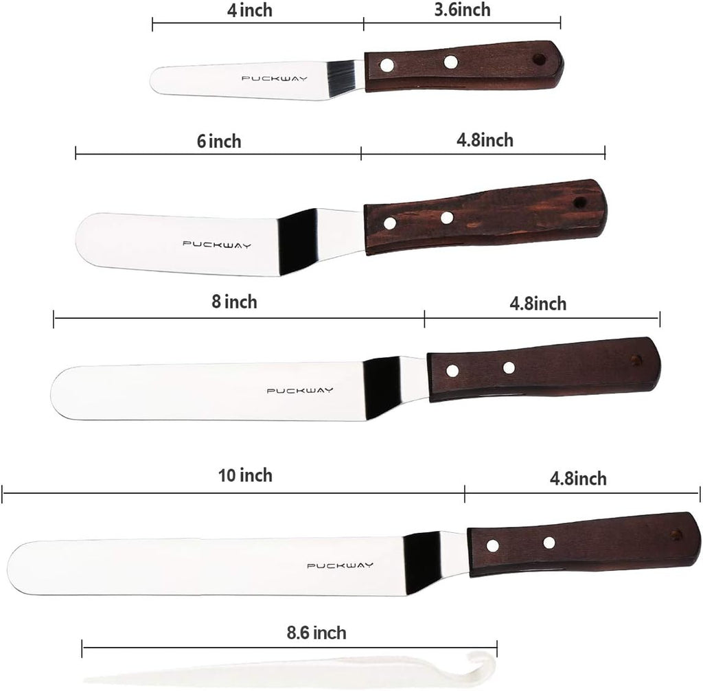 4 PCS Cake Decorating Icing Spatula set with 4, 6, 8 & 10 Inch Stainless Steel Blade, Wood Handle Frosting Spatulas and Cake Stripping Tool