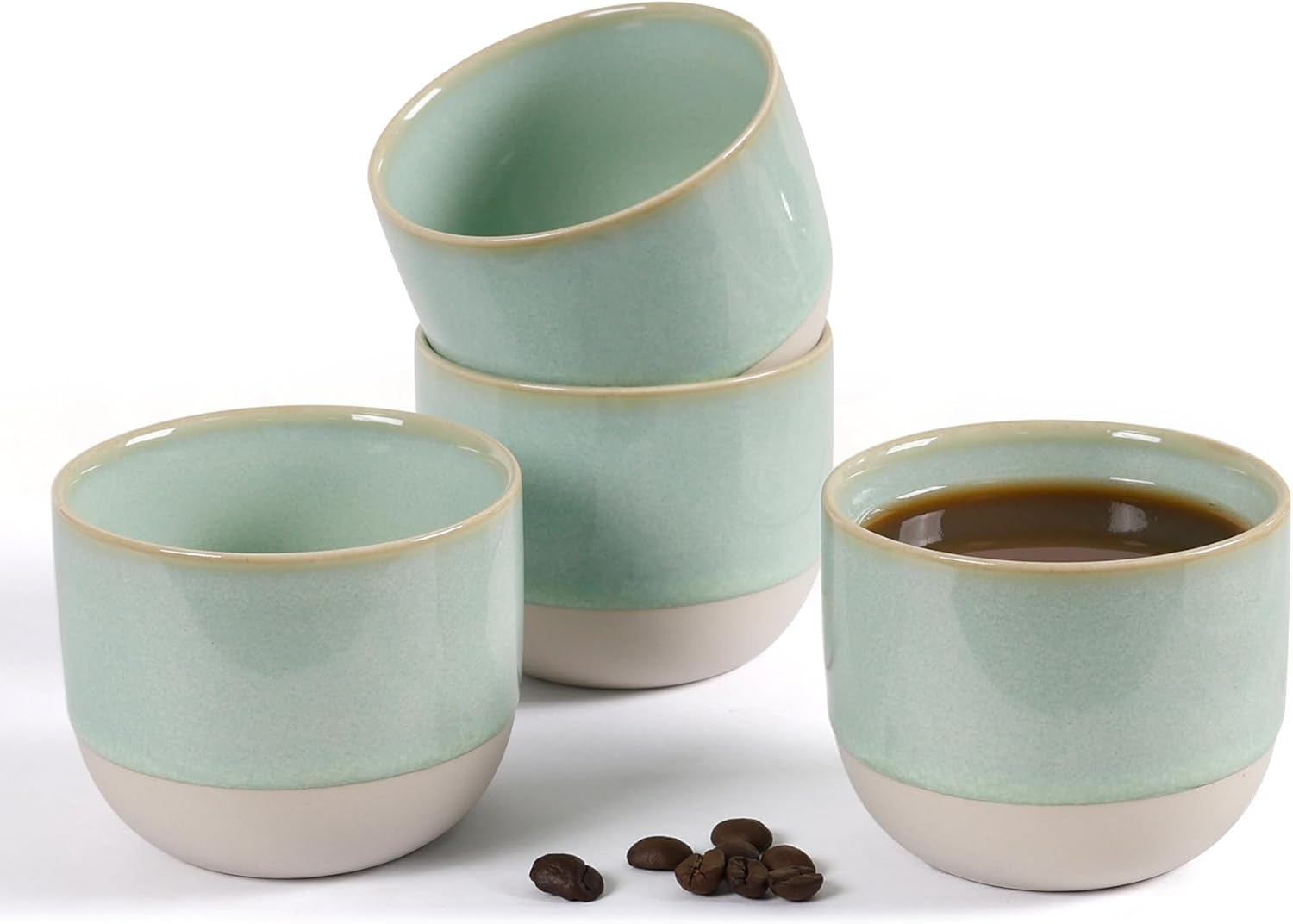Ceramic Espresso Cups Set of 4, Double Walled Espresso Coffee Mugs for Nespresso Cups, Special glazed Demitasse Cups Coffee Cup for Machine (Green)
