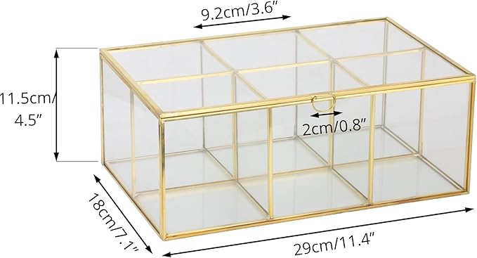 NCYP Glass Tea Bags Organizer Box, 11.4" x 7.1" x 4.5" Coffee Bag Storage Box, 6 Grids Compartments Handcrafted Brass Jewelry Counter, Display Case, Handmade (Glass Box Only)