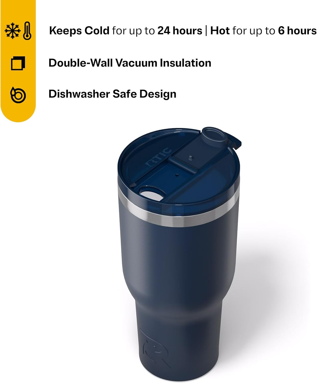 RTIC 40oz Essential Tumbler with Lid, Insulated, Stainless Steel, Metal, Double Wall Vacuum-Insulation, Ceramic Lined, Travel Cup for Iced Coffee, Tea, Hot and Cold Drink, Navy