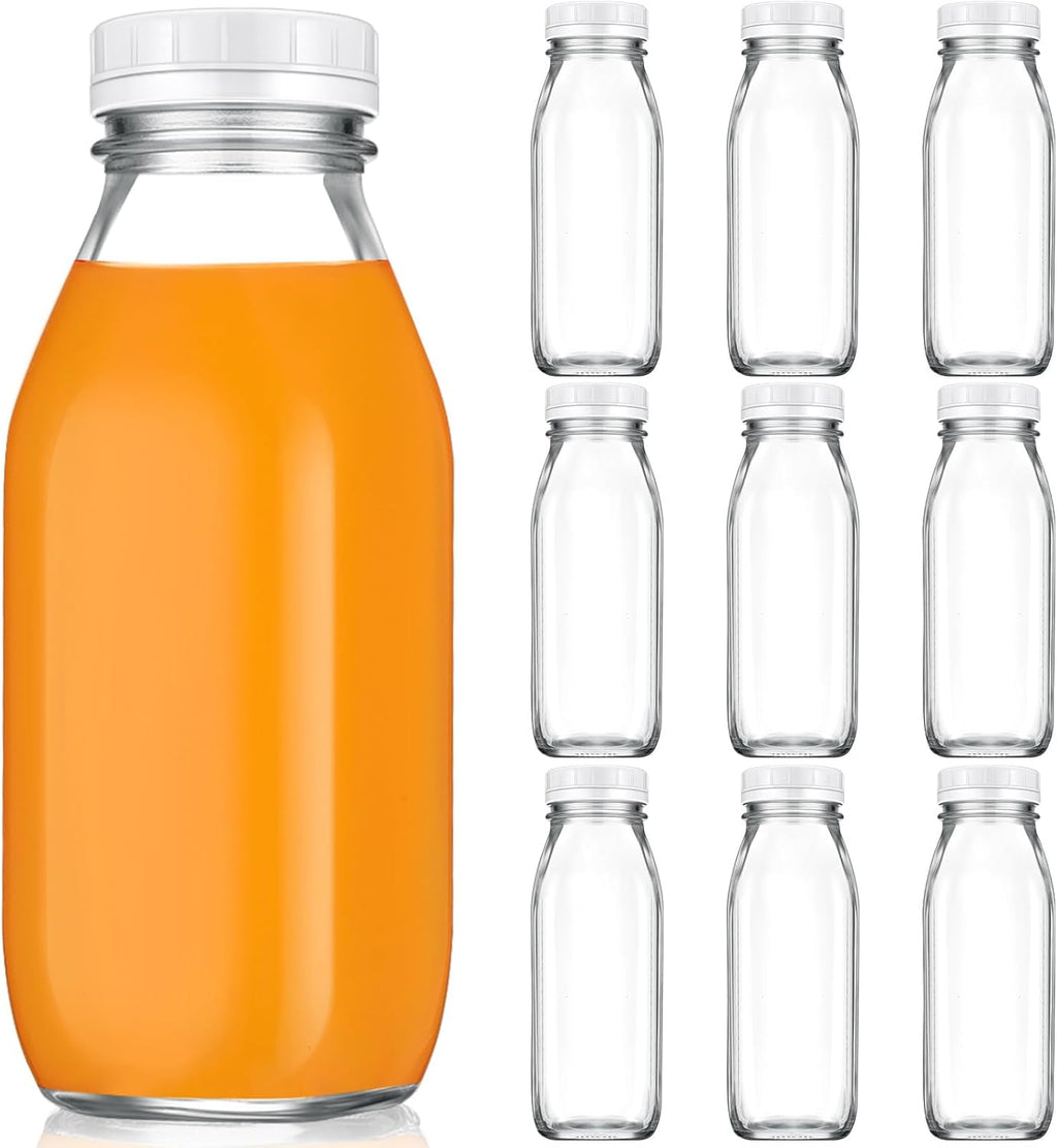 Suclain 10 Pcs 16 oz Glass Juice Bottle with Lids, Clear Reusable Milk Container for Refrigerator, Airtight Heavy Duty Dispenser Drinking Jar for Beverage, Oat, Honey Storage Supply