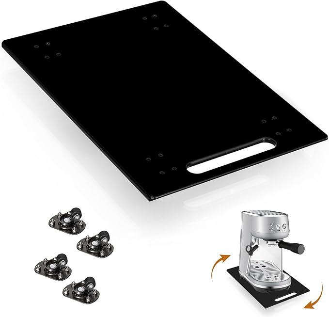 360° Sliding Tray for Coffee Maker & Kitchen Appliances - Silent Rubber Wheels, Acrylic Organizer Tray for Under Cabinet - Space Saving Countertop Accessory, 9.8x14 Inch (Black)