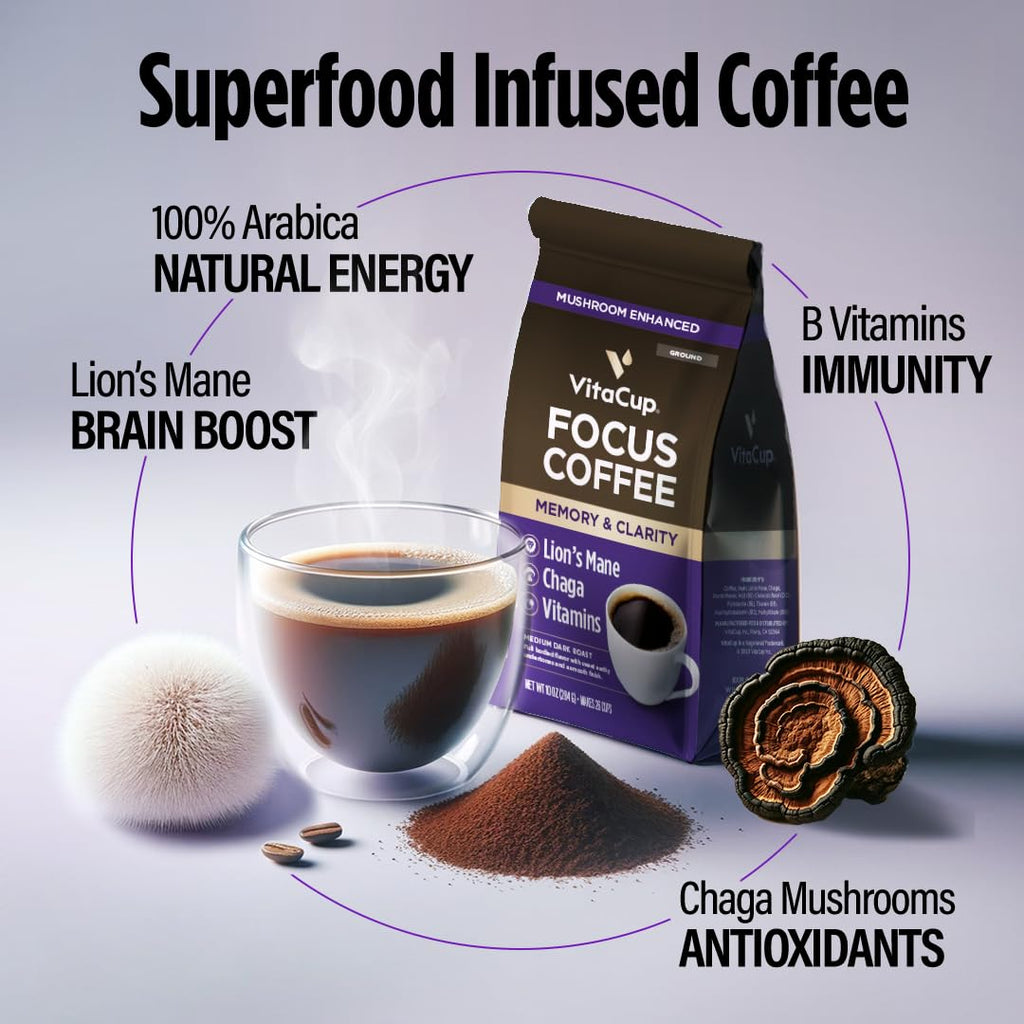 VitaCup Focus Mushroom Coffee Grounds, with Lions Mane, Chaga, B Vitamins, D3, Boost Focus, Immunity, Memory & Clarity, Medium Dark Roast, 100% Arabica Specialty, 20oz, 52 Servings
