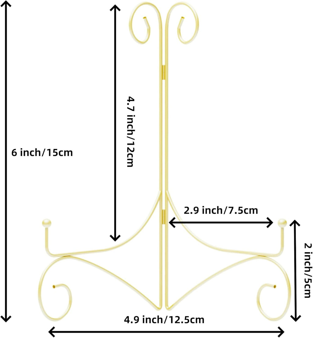 Plate Stand for Display with Hinged Folding Design, 6 Inch Picture Stands for Tables, Small Easels for Displaying Book, Art Piece, Photo and Platter, 6’’ Gold, 2-Pack