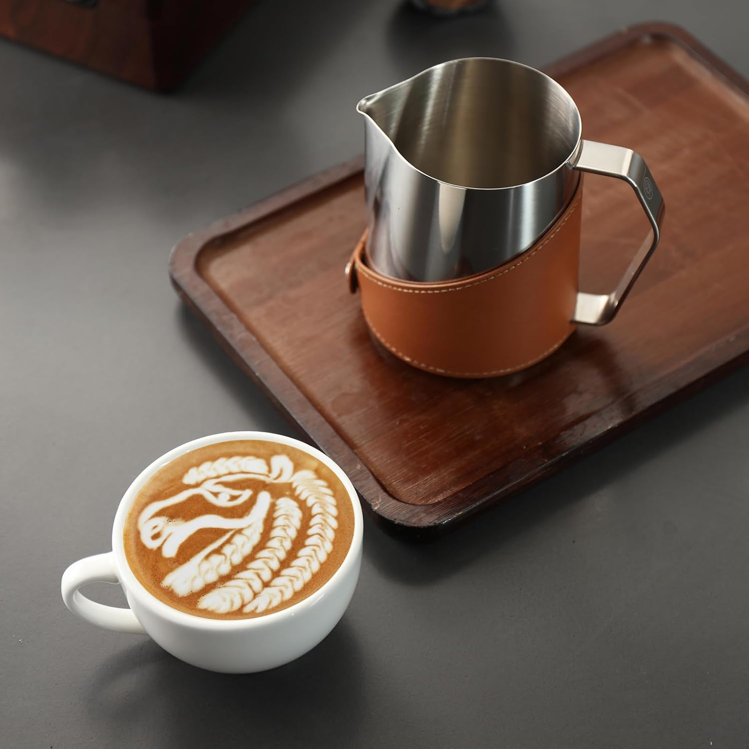 Milk Frothing Pitcher 450ml/16oz 304 Stainless Steel Espresso Steaming Pitcher with PU Leather, Milk Frothing Jug,milk frother cup,Milk Jug Cup,Premium Barista Tools,Latte Art (Black,16oz)