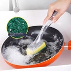 The Pot Brush with Green and Yellow Washing Pads Does not Damage The Pot Handle and can be Used to add Liquid, Brush The Bowl, and Brush The Stove