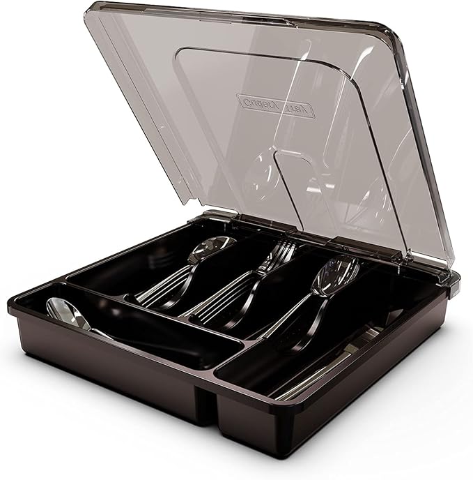 Silverware Tray with Lid, Utensil Drawer Organizer for Kitchen Countertop Plastic Flatware Organizers and Storage holder 5 Compartments Black
