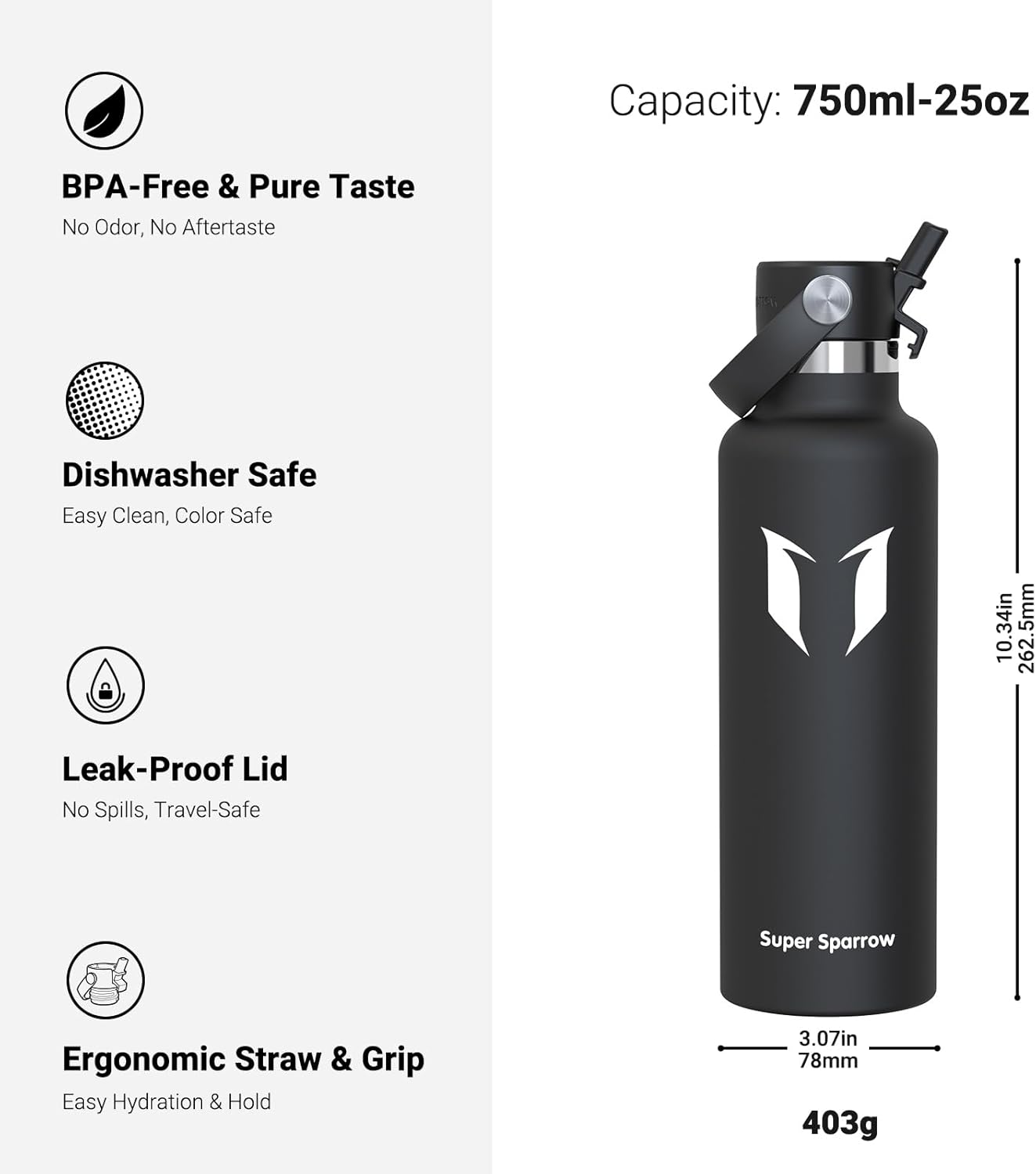 Super Sparrow Insulated Water Bottle - 17 Oz / 25 Oz / 32 Oz - Standard Mouth FlipFlow Flask - BPA Free, Leak Proof Drink Bottle- Ergonomic Straw Water Bottles for Work, Gym, Travel, Sports
