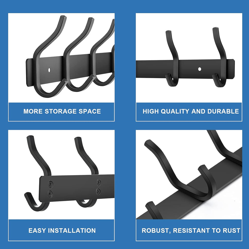 Wall Hooks Heavy Duty, 17 Inch Coat Rack Wall Mount with 6 Hooks, Black Wall Hooks for Entryway, Bathroom - for Hanging Backpack, Bag, Coat, Purse, Hat, Towel, Clothes,2 Packs