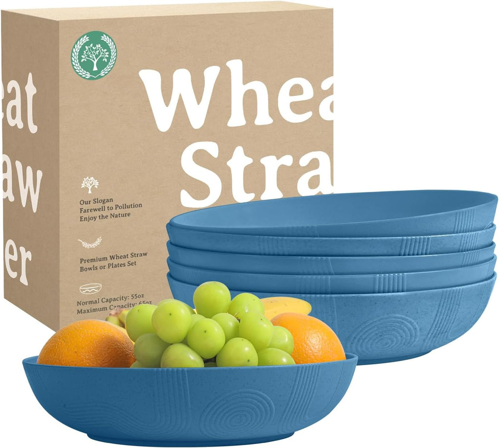 Homienly Large Wheat Straw Salad Bowls - Set of 6, 65 OZ, 10 Inch, Microwave & Dishwasher Safe - Navy Blue