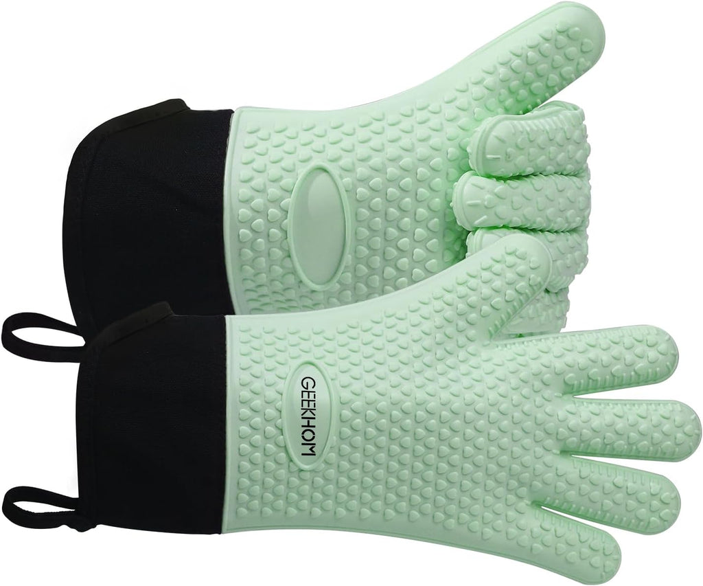 GEEKHOM BBQ Gloves Heat Resistant Oven Mitts - Silicone Grilling Gloves with 14" Long Arm Protection - Waterproof Pot Holder Non-Slip for Men & Women, Kitchen Cooking, Baking, Camping, Mint Green