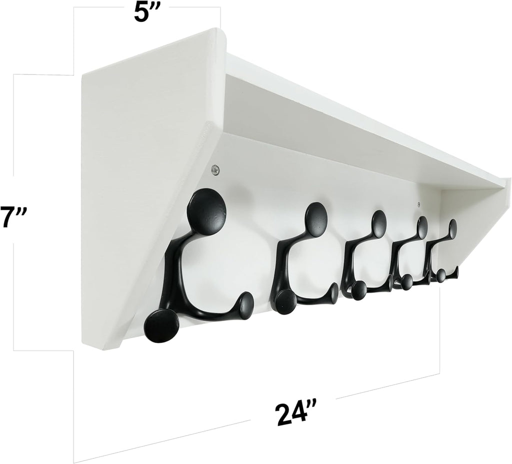 SKOLOO Wall Shelf with Hooks, 24-Inch White Coat Rack Wall Mount with Shelf Organizer - Lightweight & Sturdy, 5 Tri Hooks - Perfect for Entryway, Hallway, Living Room, Bedroom, Mudroom