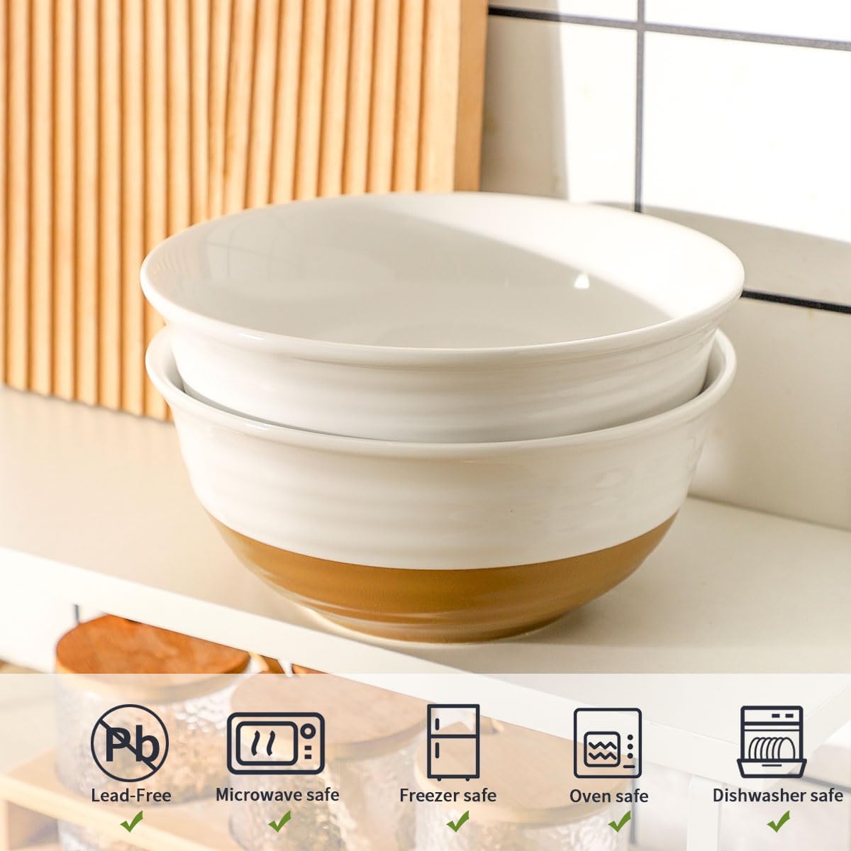 Hasense Ceramic Serving Bowls Set, 60 oz Deep Salad Bowls for Kitchen, 8.5 Inch White Serving Dishes for Christmas Entertaining, Ideal for Soup, Pasta, Side Dishes, Dishwasher Microwave Safe