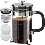 QUQIYSO French Press Coffee Maker 34oz 304 Stainless Steel French Press with 4 Filter, Heat Resistant Durable, Easy to Clean, Borosilicate Glass Coffee Press, 100% BPA Free Glass Teapot, Silver