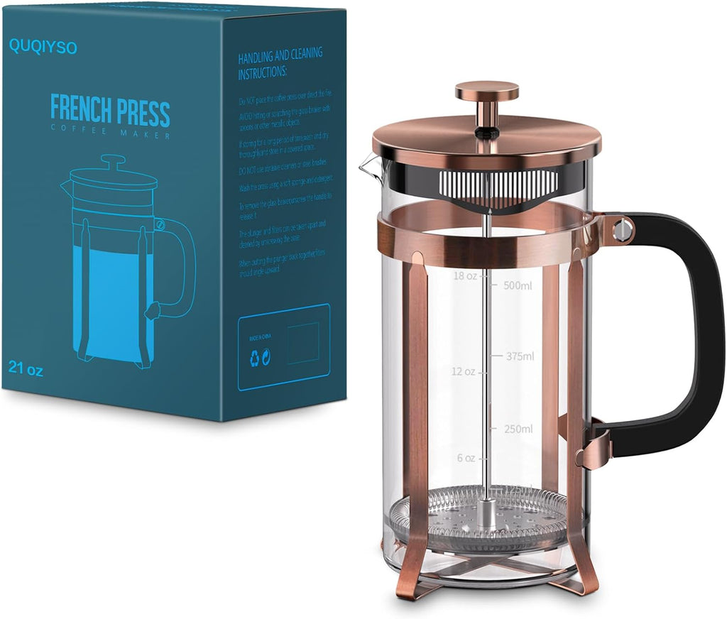 QUQIYSO Coffee Maker 304 Stainless Steel French Press with 4 Filter, Heat Resistant Durable, Easy to Clean, Borosilicate Glass Coffee Press, 100% BPA Free Teapot, 21 ounce, copper