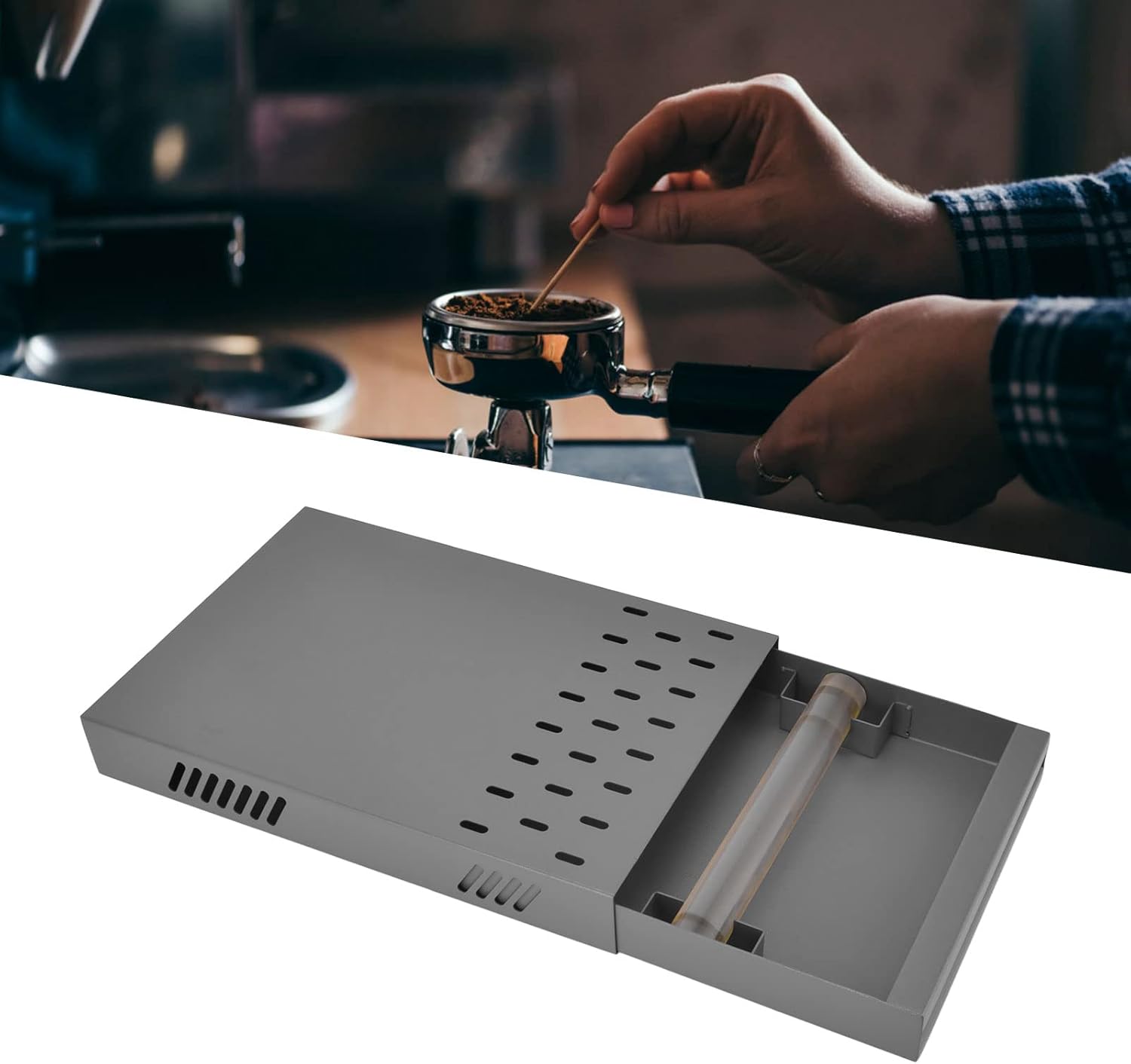 Espresso Coffee Knock Box Drawer Stainless Steel Detachable Coffee Knock Box with Rod Knock Box Tamping Station for Cafe Home(grey)