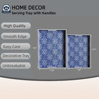 2 Pack Serving Tray with Handles, Rectangular Decorative Trays for Coffee Table, Modern Blue Plastic Ottoman Tray for Living Room, Bathroom, Kitchen, Decor, (Boho Blue)