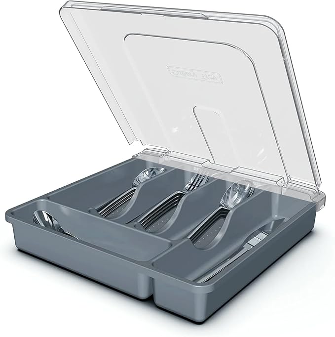 Silverware Organizer with Cover, Portable Cutlery Holder Flatware Tray with Lid Plastic Silverware Storage Box (Dark Gray)