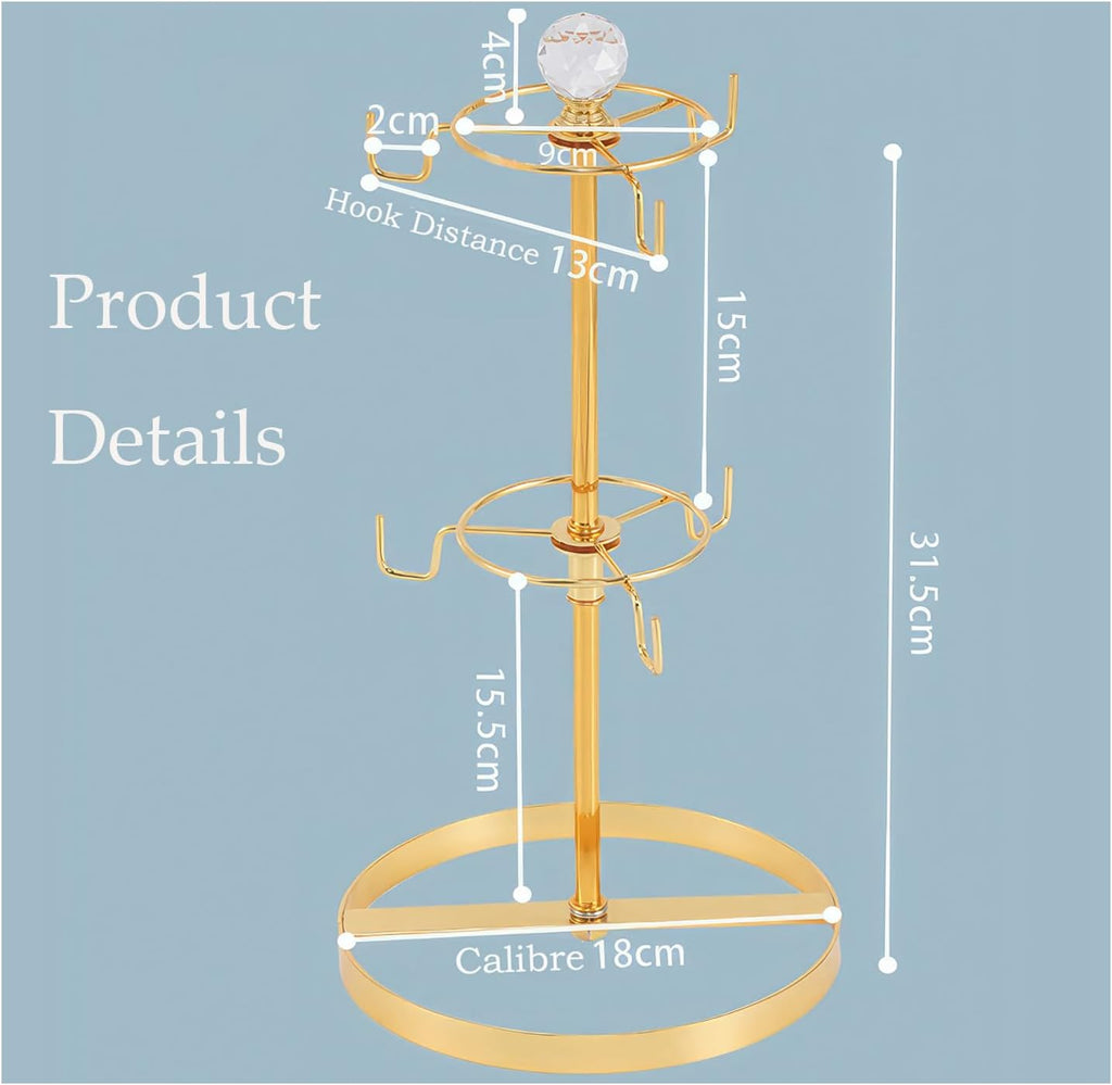 Coffee Mug Tree Holder for Counter,Double Tier Mug TeaCup Metal Holders Countertop,Golden Coffee Mug Tea Cup Stand Rack for Counter Top 6 Hooks(Gold,Crystal Ball)