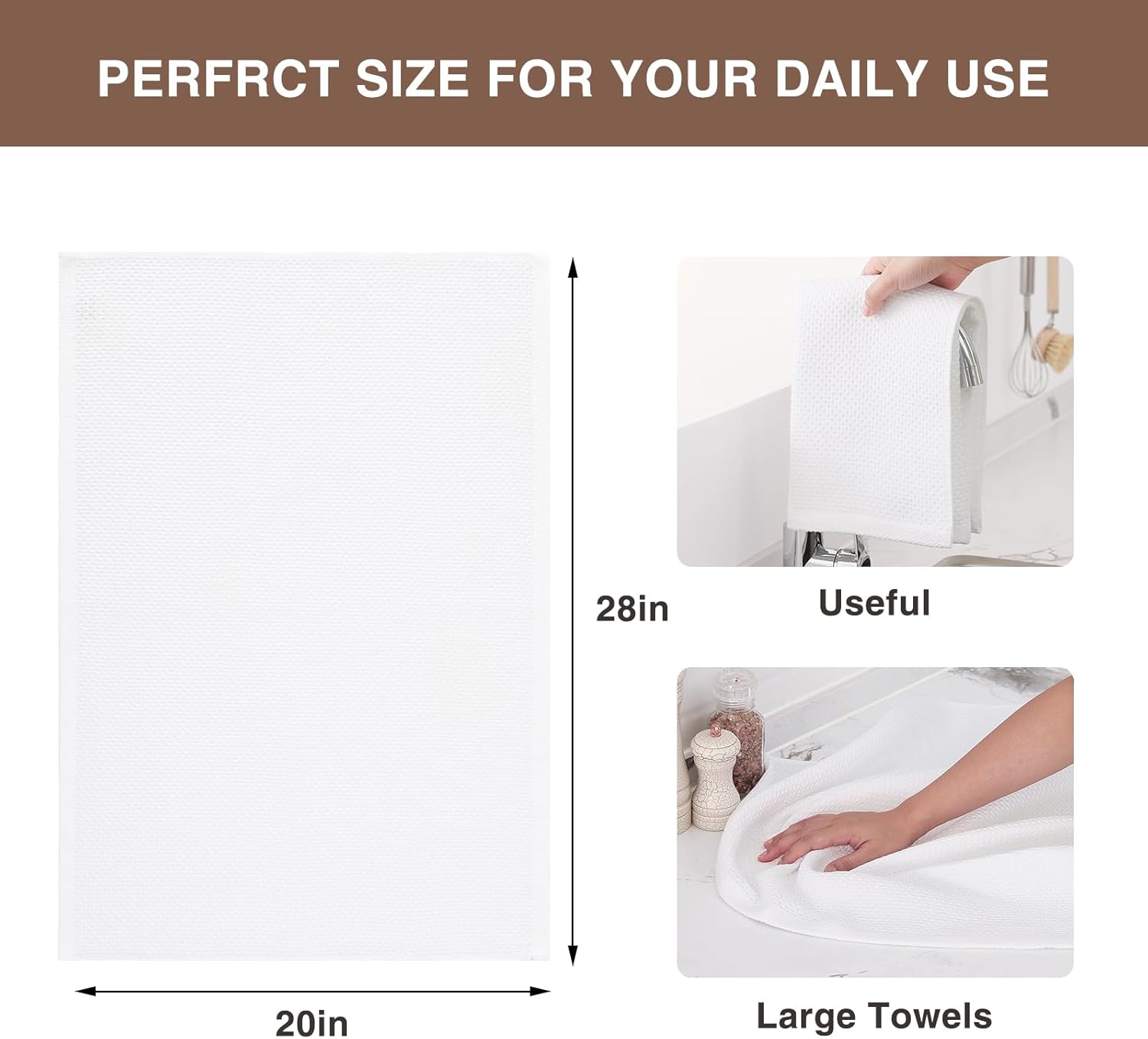 Homaxy 100% Cotton Oversized Waffle Weave Kitchen Dish Towels, Ultra Soft Absorbent Quick Drying Cleaning Towel, 20 x 28 Inches, 4-Pack, White