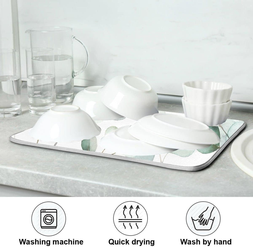 Sage Green Leaves Dish Drying Mat for Kitchen Counter Watercolor Branch Plant Drying Mat 18 x 24 Inch with High Absorbent Reversible Microfiber Dish Drying Pad Drainer Mat for Coffee Bar