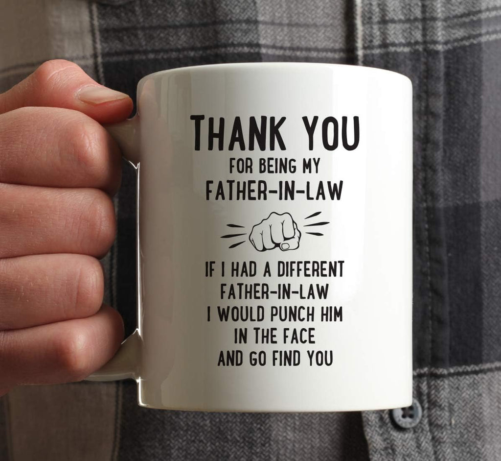 Andaz Press Funny Family 11oz. Coffee Mug Gift, Thank You for Being My Father-in-Law, Punch in Face, 1-Pack, Christmas Birthday Drinking Cup Present Ideas