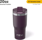 RTIC 20oz Essential Tumbler with Lid, Insulated, Stainless Steel, Metal, Double Wall Vacuum-Insulation, Ceramic Lined, Travel Cup for Iced Coffee, Tea, Hot and Cold Drink, Plum