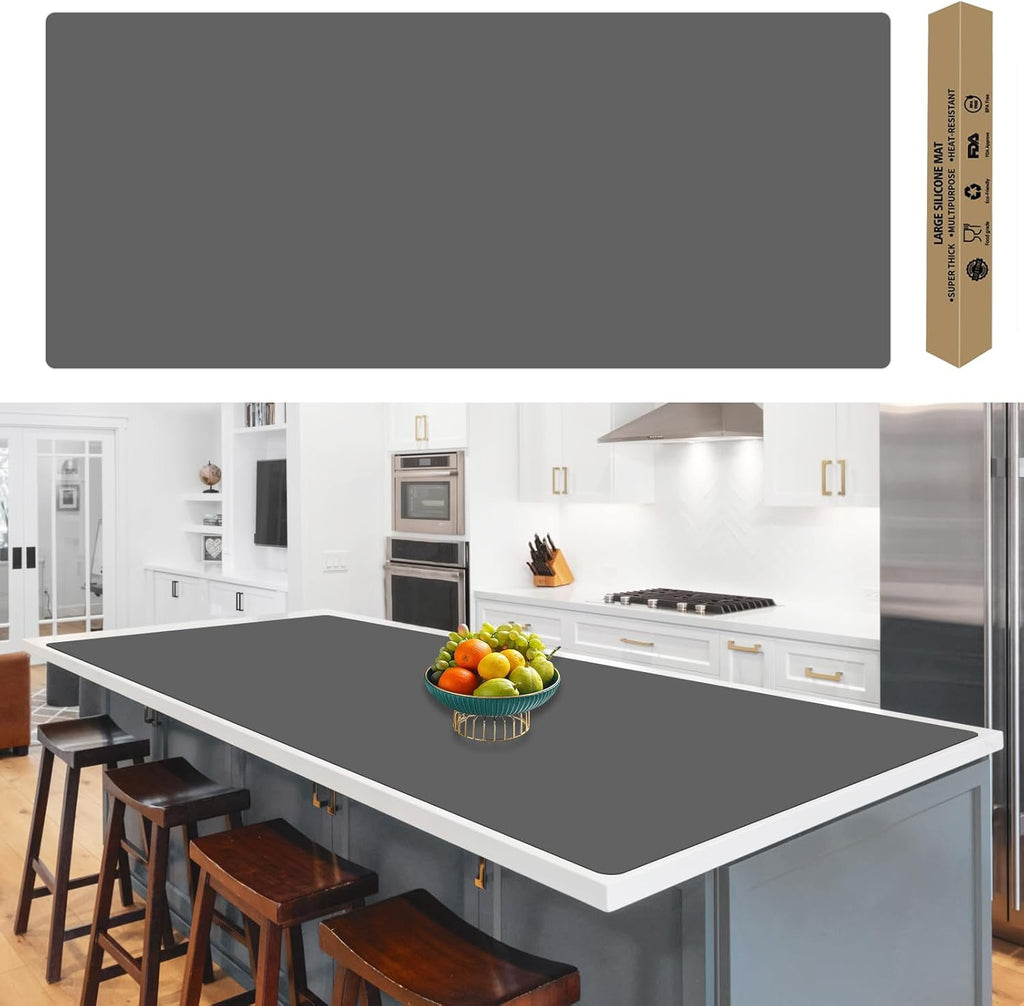 120" x24''(305cmx60cm) Extra Large Silicone Mat for Kitchen Counter, Heat Resistant Countertop Protector, Non-Slip Waterproof Kitchen Island Mat, Easy to Clean, Dark Gray