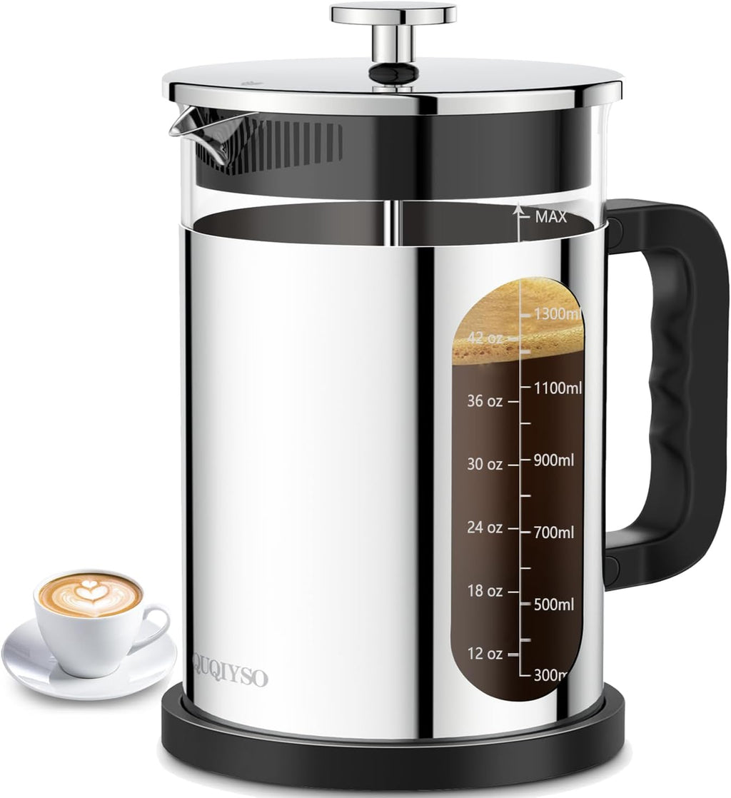 QUQIYSO French Press Coffee Maker 51oz 304 Stainless Steel French Press with 4 Filter, Borosilicate Glass Coffee Press