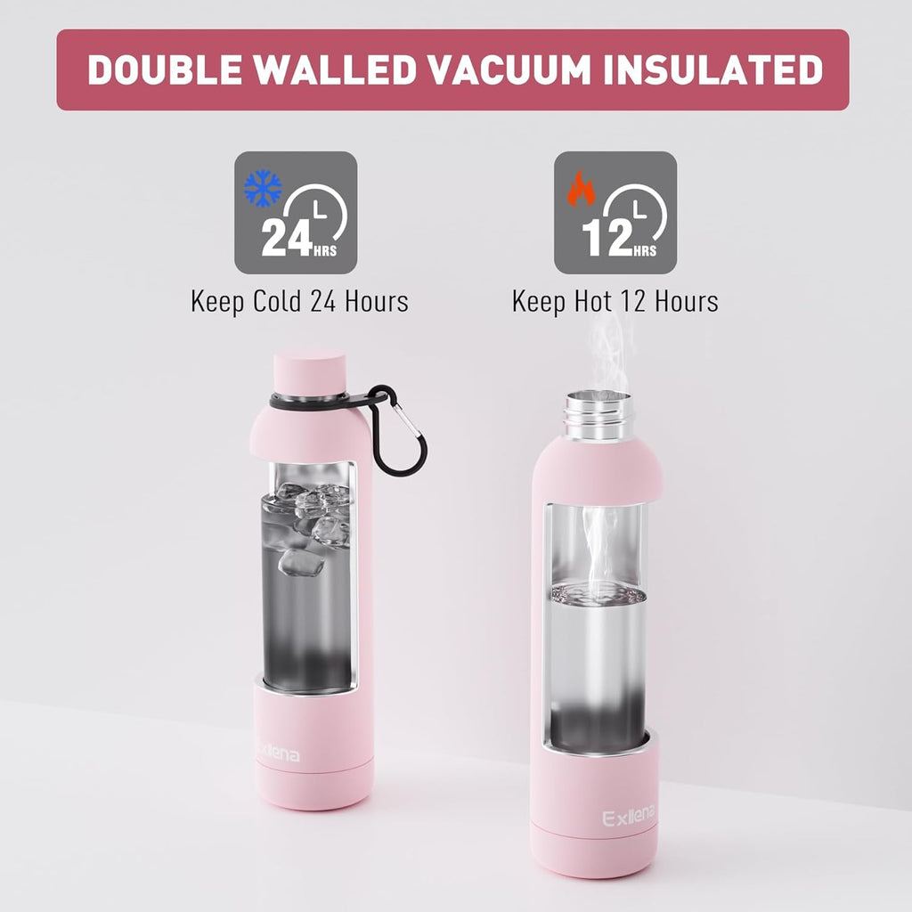 Slim Insulated Water Bottles for Travel 32oz with Clip, Double Wall Vacuum Stainless Steel Water Bottle Keeps Drinks Cold 24 Hrs/Hot 12 Hrs, 100% Leakproof, BPA Free(Pink)