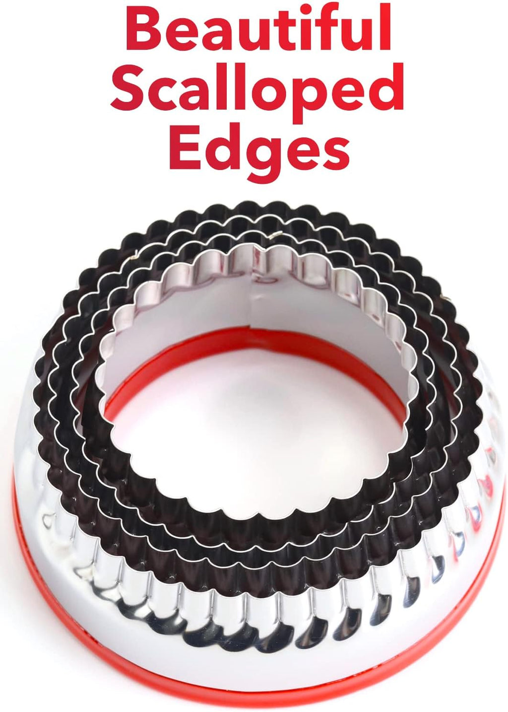4-Pieces Fluted Round Cookie Cutters, Metal Circle Biscuit Cutters Set, Wave Cookies Cutter with Fluted Edge, Unique Design with Protective Red Top PVC